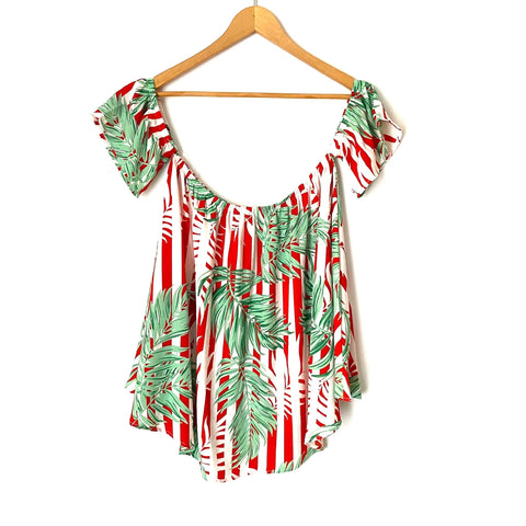 Vine & Love Red and Green Palm Off the Shoulder Top- Size M