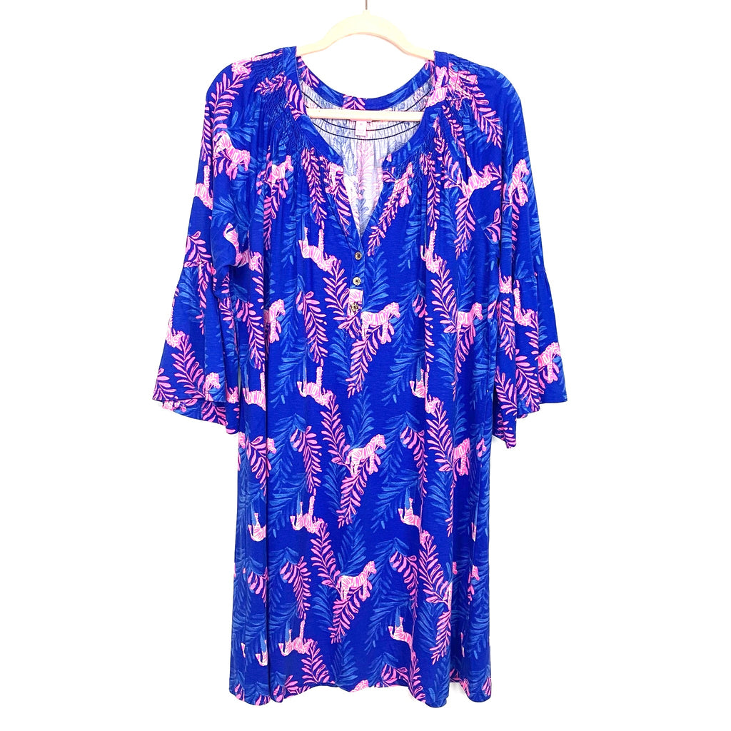 Lilly Pulitzer Blue and Pink Zebra Print Smocked Neck Dress- Size XL The Saved Collection Lilly Pulitzer Blue and Pink Zebra Print Smocked Neck Dress- Size XL The Saved Collection