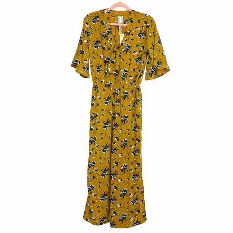 Uncle Frank Mustard Floral Elastic Waist Side Slit Hem Jumpsuit NWT- Size XS