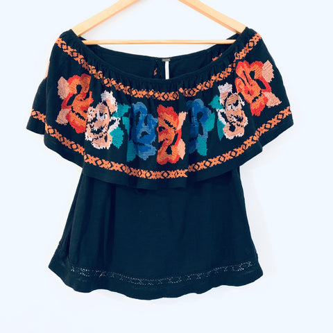 Free People Black Off the Shoulder Embroidered Blouse- Size XS