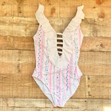 Lilly Pulitzer Pink Stripes and Blue Floral Ruffle and Straps Padded One Piece- Size 6