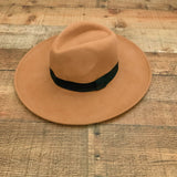 No Brand Camel Wool Wide Brim Black Belted Hat