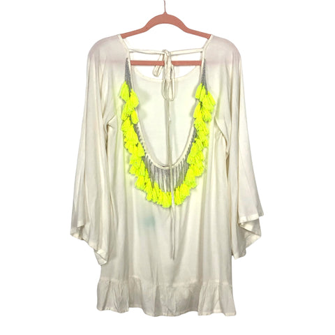Sundress Cream Open Back Neon Tassel Cover Up Dress NWT- Size XS