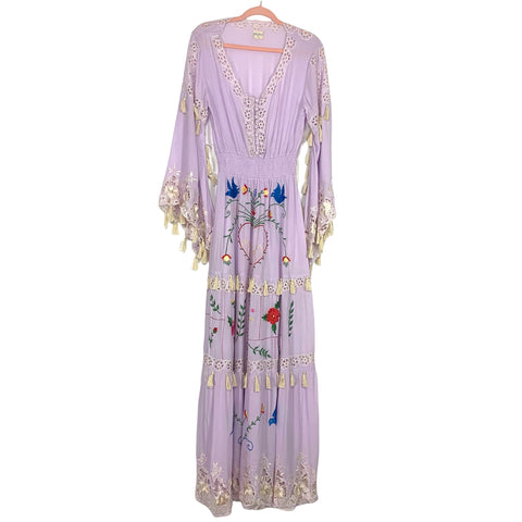 Fillyboo Purple Embroidered Tassel Smocked Waist Bell Cut Sleeve Dress- Size XS