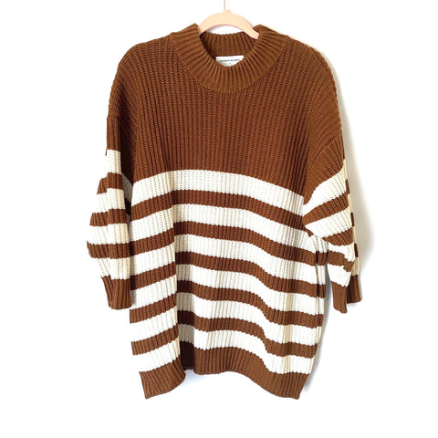 Goodnight Macaroon Brown and Cream Striped Mock Neck Sweater- Size S
