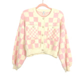 River Island Pink Checkerboard Fluffy Sweater Cardigan- Size L (see notes, sold out online, we have matching skirt)