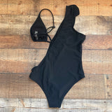 No Brand Black Ruffle One Side Cut Out Padded One Piece- Size M
