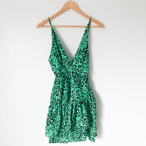 WAYF Green Leopard Print Ruffle Mini Dress NWT- Size XS