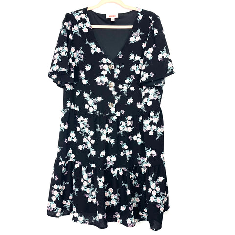 Evri Black Floral Print Button Top Ruffle Bottom Dress- Size 0X