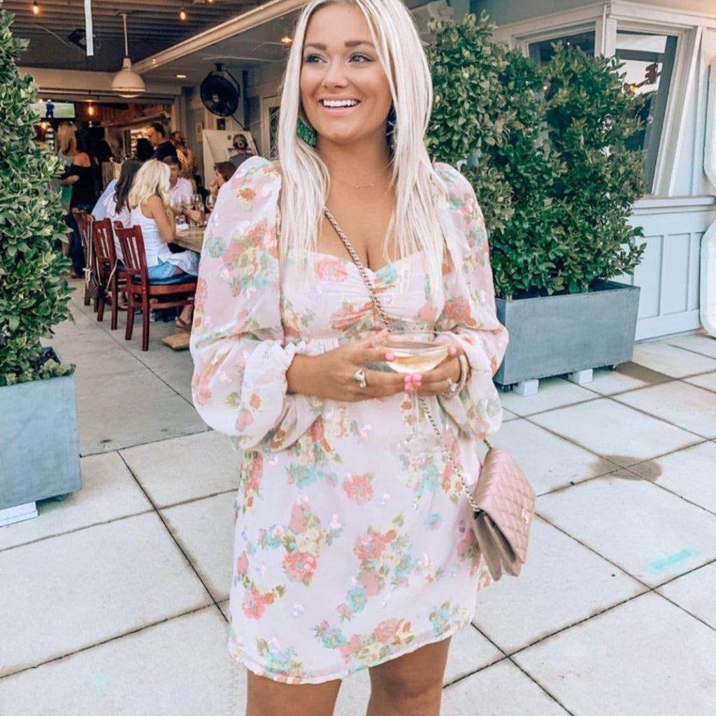 strapless open back dress For Love & Lemons Light Pink Floral Sequin Hearts Off the Shoulder Dre –  The Saved Collection
