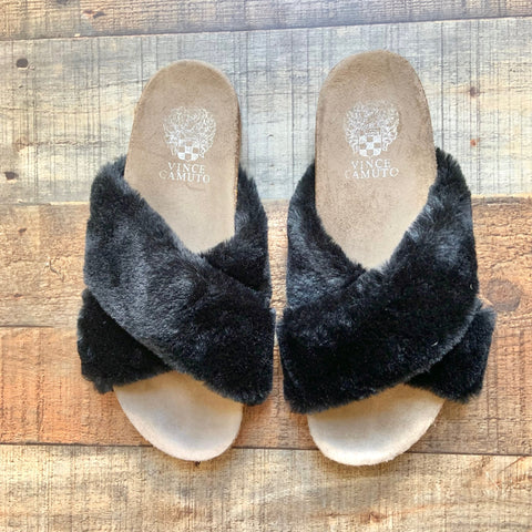 Vince Camuto Black Faux Fur Slip On Slide Sandals- Size 7 (LIKE NEW)