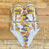 No Brand White/Yellow/Gray Pineapple Floral Padded Underwire with Removable Straps One Piece- Size L (see notes)