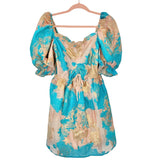 Buddy Love Aqua/Light Pink/Gold Brocade Colby Puff Sleeve Mini Dress NWT- Size S