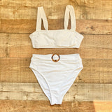 Xhilaration White Swiss Dot with Tortoise Buckle Belted Bikini Bottoms NWT- Size M (we have matching top)