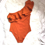 H&M Rust One Shoulder Ruffle Bodysuit- Size S