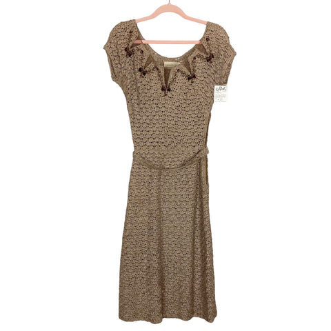 I.Magnin & Co. Taupe Woven Ribbon with Netting and Beaded Neckline Belted Dress NWT- Size ~XS (see notes)