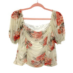 Amaryllis Beige Floral Mesh Ruched Crop Top- Size XL