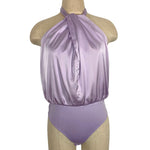 Blue Blush Lavender Halter Front Twist Satin Bodysuit- Size M (see notes)