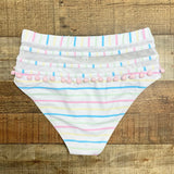 Pink Lily White with Pastel Stripes Mesh and Poms Bikini Bottoms- Size L (we have matching top)