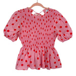 Petal + Pup Pink with Red Polka Dots Smocked Peplum Top- Size 6