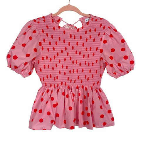 Petal + Pup Pink with Red Polka Dots Smocked Peplum Top- Size 6