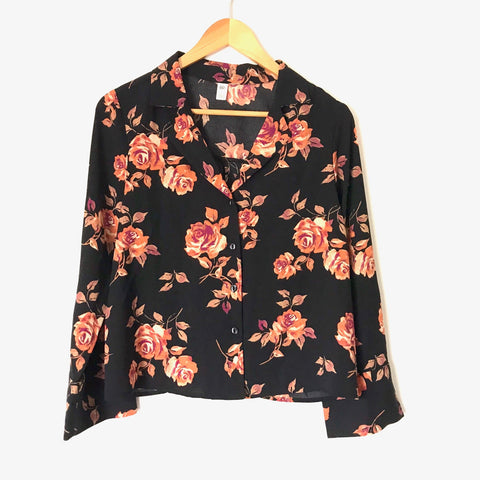 BP Black Floral Print Long Sleeve Button Up Top NWT- Size XS