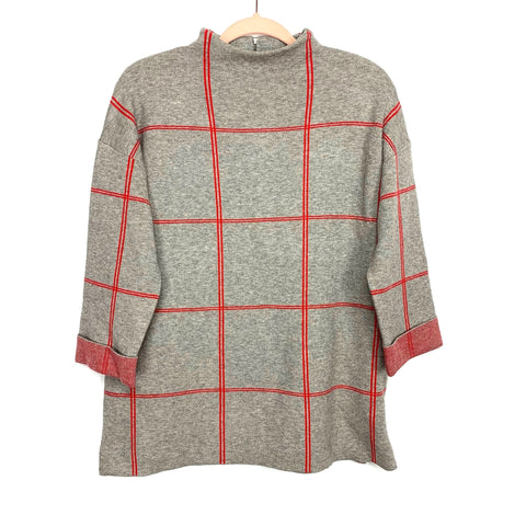 Tahari Grey and Red Grid Mock Neck Sweater with Zipper Back- Size M