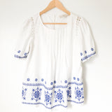 LOFT White Blouse with Blue Embroidered Detail- Size XS