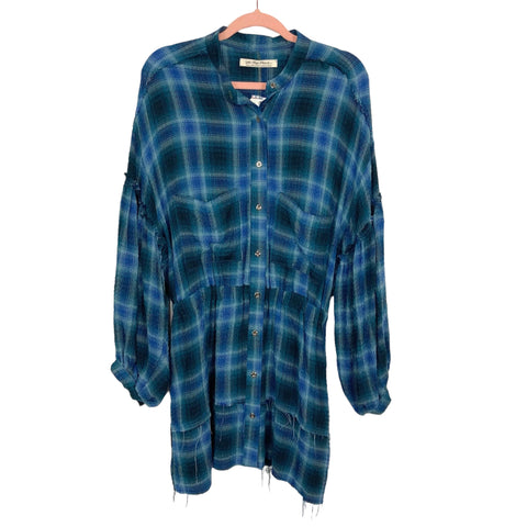 Free People We the Free Green/Blue Plaid Balloon Sleeve Dress NWT- Size S (sold out online)