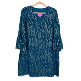Lilly Pulitzer Teal Gold Pattern Sheer Ruffle Sleeves Dress- Size XL (see notes)