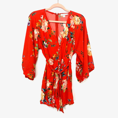 Yumi Kim Red Floral Belted Bell Sleeve Romper- Size XS