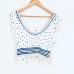 Free People Embroidered Ivory/Blue Swoop Neck Tank with Crochet Hem- Size XS