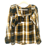 Bobeau Navy and Olive Plaid Ruffle Button Up Blouse NWT- Size XS