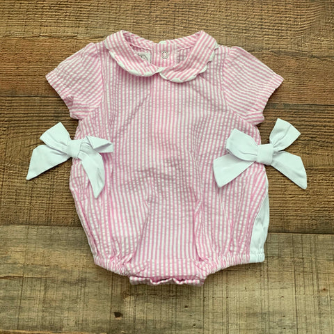 Mudpie Pink Seersucker Side Bow Romper- Size 0-3M
