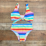 Beach Joy Rainbow Striped Front Tie Padded Bikini Top- Size S (we have matching bottoms)