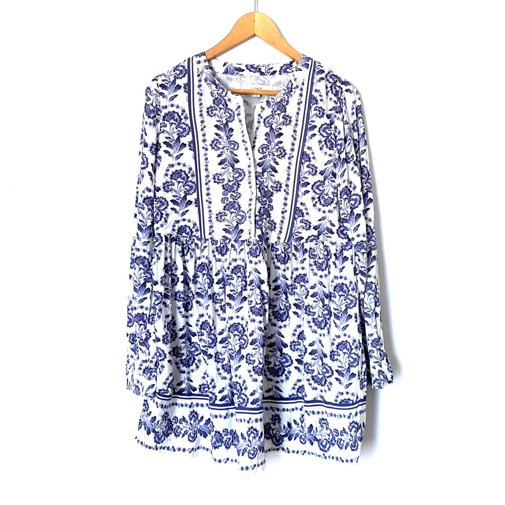 loft blue and white dress LOFT Outlet A-Line Dress Women 8 Blue White Geometric Medallion Sleeveless