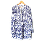 LOFT White Half Button Dress with Blue Floral Print- Size 0