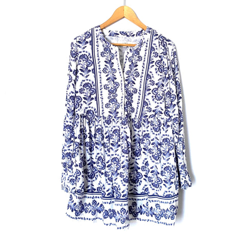 LOFT White Half Button Dress with Blue Floral Print- Size 0
