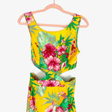 Impressions Yellow Hawaiian Print Cut Out Back Tie Double Front Slit Dress NWT- Size S