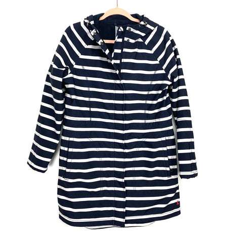 Joules Navey and White Striped Fleece Lined Hooded Rain Jacket- Size 8 (color sold out online)