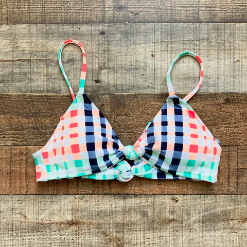 Aerie Navy/Teal/Coral Checkered Front Knot and Back Tie Padded Bikini Top NWT- Size S