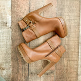 Gianni Bini Camel Side Zip With Buckle High Heel Booties- Size 7