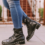 Schutz Black Andrea Leather Chunky Combat Boot With Lug Sole & Metal Studs- Size 9