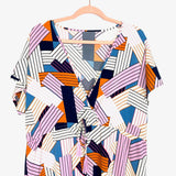 No Brand White/Multicolor Geometric Pattern Front Slit Dress- One Size