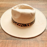 No Brand Cream Animal Print Belted Wide Brim Hat