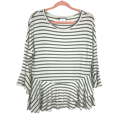 Shop The Mint White/Black Stripes with Ruffle Sleeve and Hem Top- Size S