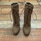 Lulu's Soraka Taupe Suede Lace-Up Mid-Calf Booties- Size 7.5 (Sold Out Online!)