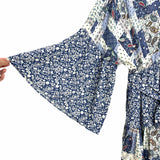 Impressions Blue Floral/Paisley Printed Button Up Bell Sleeve Belted Dress NWT- Size S