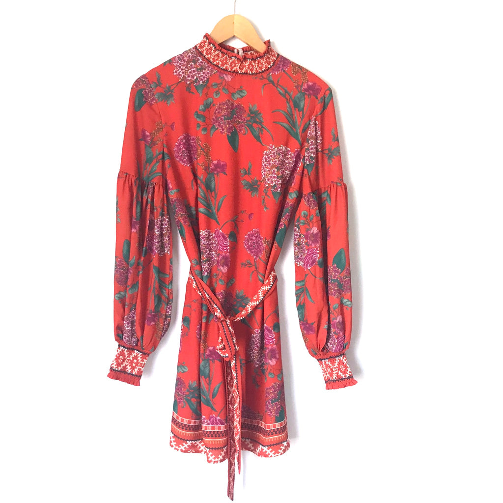 Flying Tomato Red Floral Dress with Smocked Sleeves and Mock Neck- Siz –  The Saved Collection