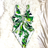 Beach Joy Palm Print Lace Up Front/Low Back One Piece- Size M